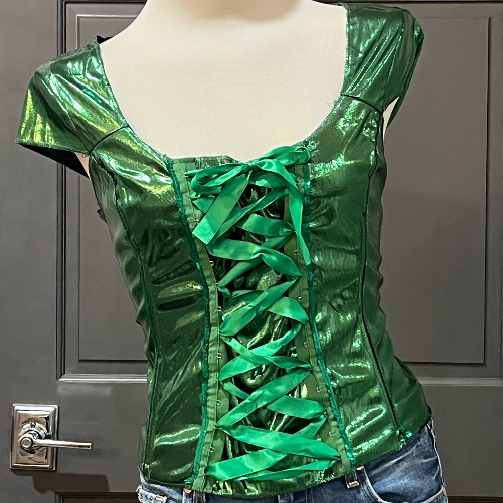 Metallic Green Lace-Up Women's Top